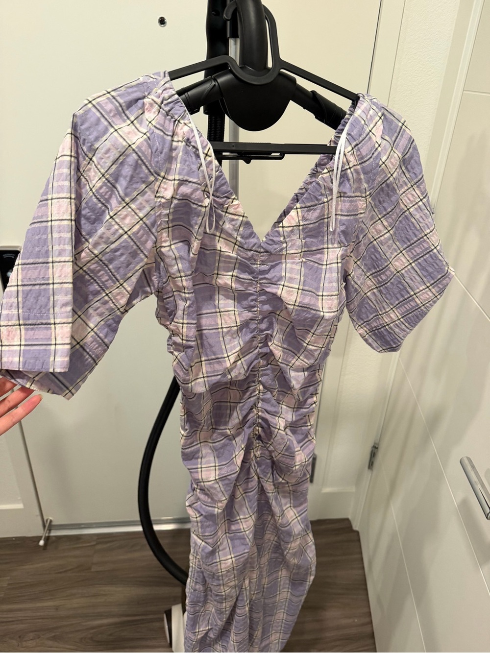 Ganni Lavender Plaid Ruched Midi Dress